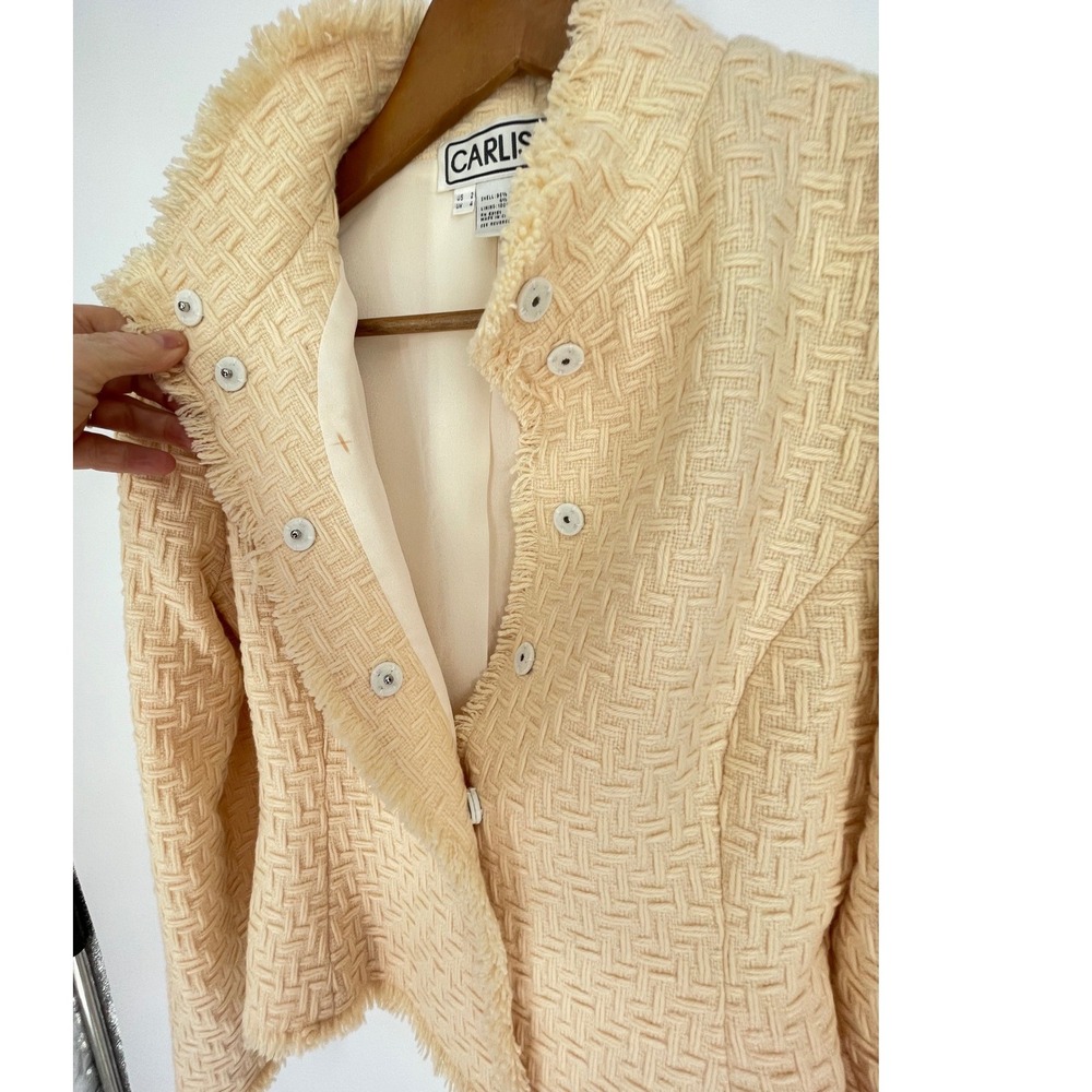 Vintage Carlisle Women Jacket 2 Blazer Cream Basketweave Wool Fringe Trim - Picture 6 of 9